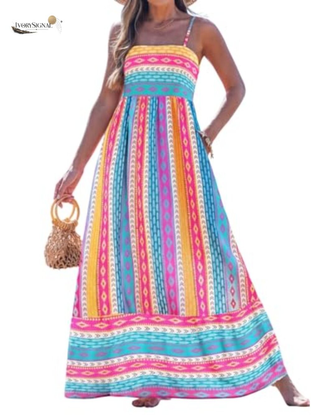 Women Summer Maxi Dress Spaghetti Strap A-Line Sleeveless Flowy Beach